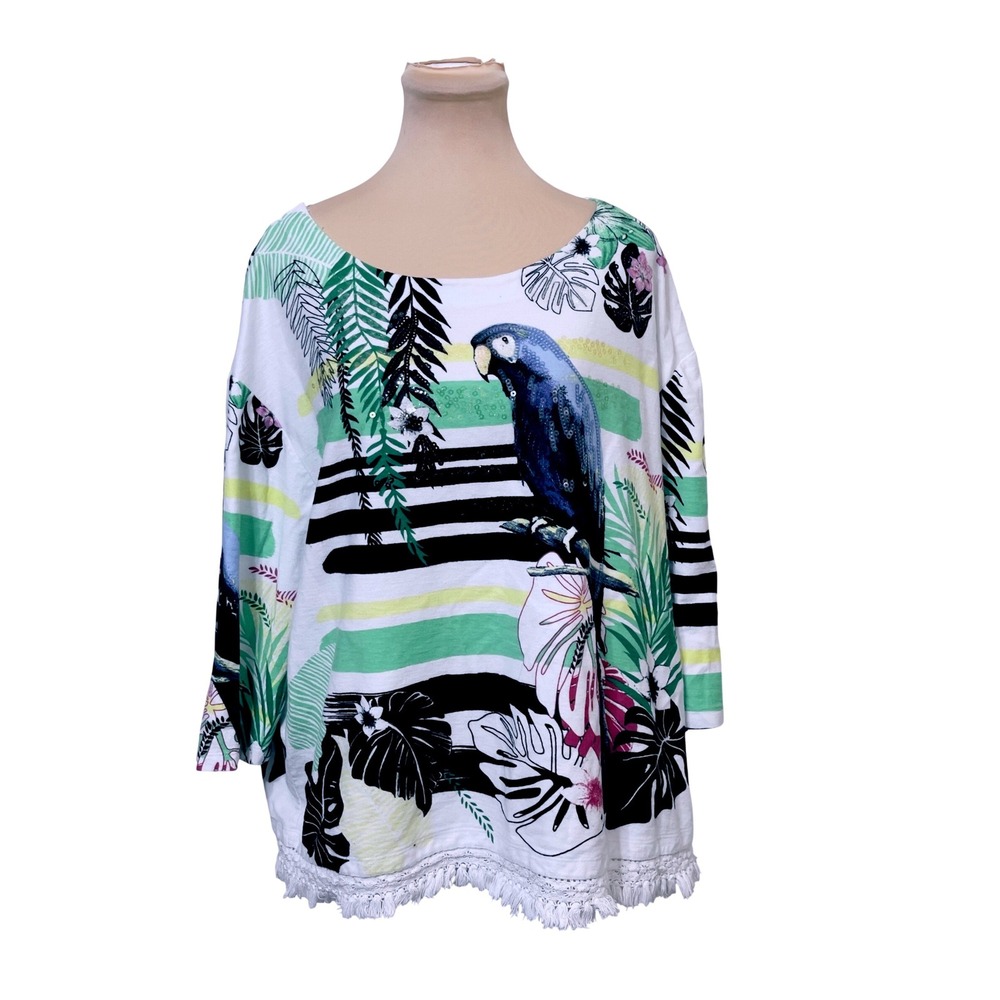 Onque Casual Women Tropical‎ Parrot Sequin Fringe Top White Plus 2X Coastal